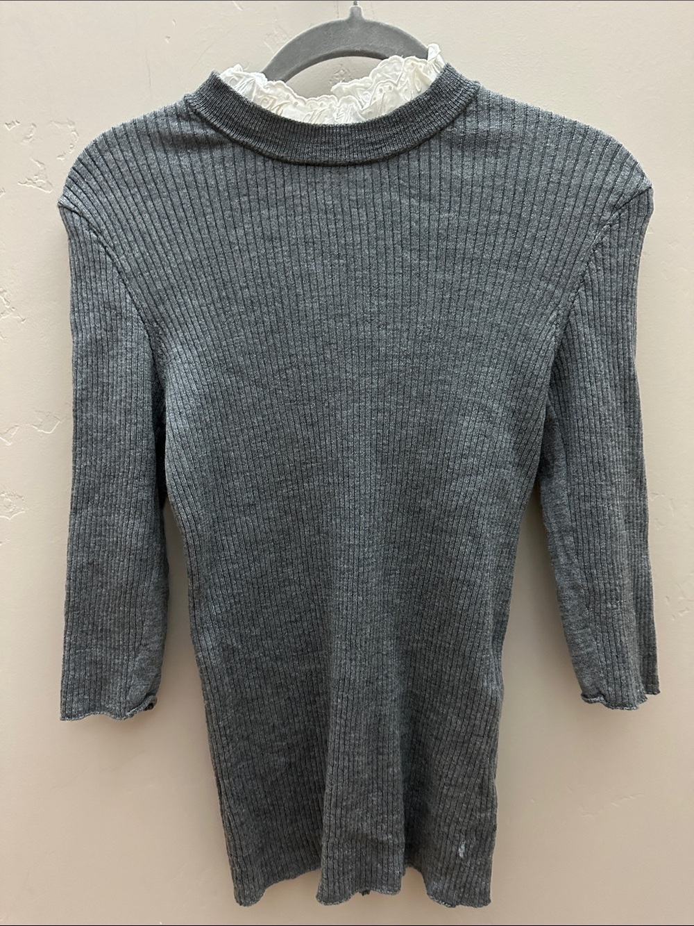 Maje Gray Ribbed Sweater with Lace Trim